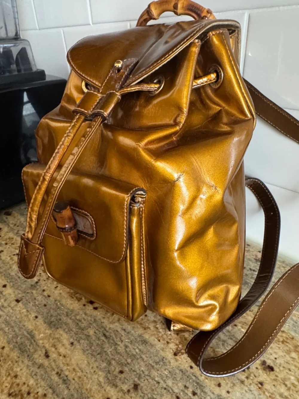 Gucci mini Patent Leather Drawstring Backpack ,, Bamboo Handle VTG Bronze - Picture 15 of 17
